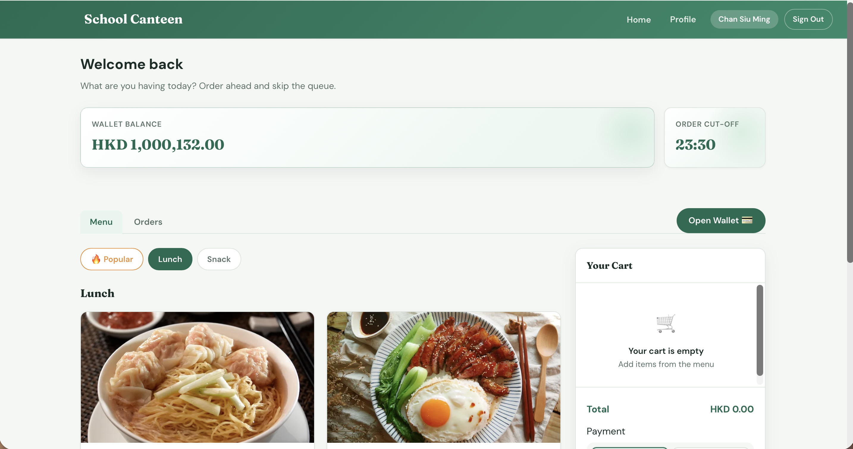 Screenshot of the Canteen Ordering System project